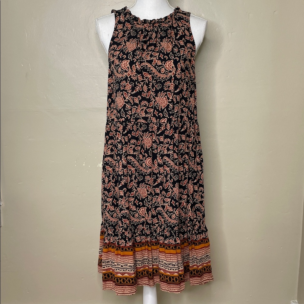 BEACHLUNCHLOUNGE Boho Sleeveless Black & Orange Floral Ruffle Hem Small